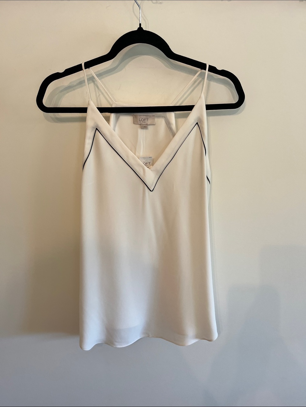 LOFT Cream V-Neck Cami with Black Piping Trim